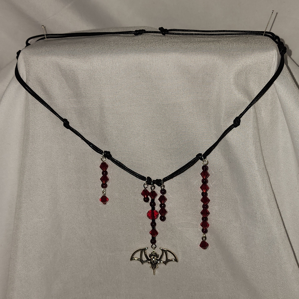 Handmade Gothic Red Crystal, Genuine Garnet and Silver Bat Pendant Necklace - Picture 2 of 14